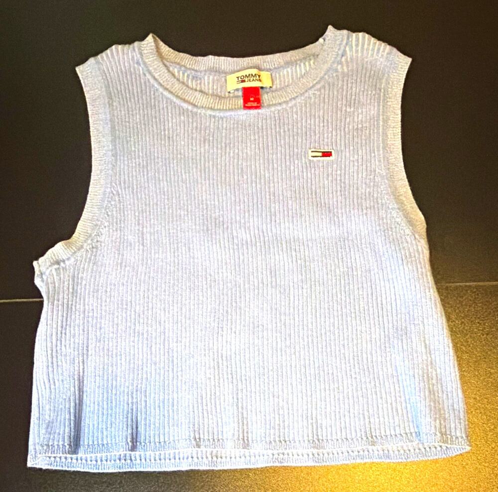 Tommy Jeans Women’s Medium Gray Ribbed Crop Tank Top Logo Sleeveless Y2K 90s